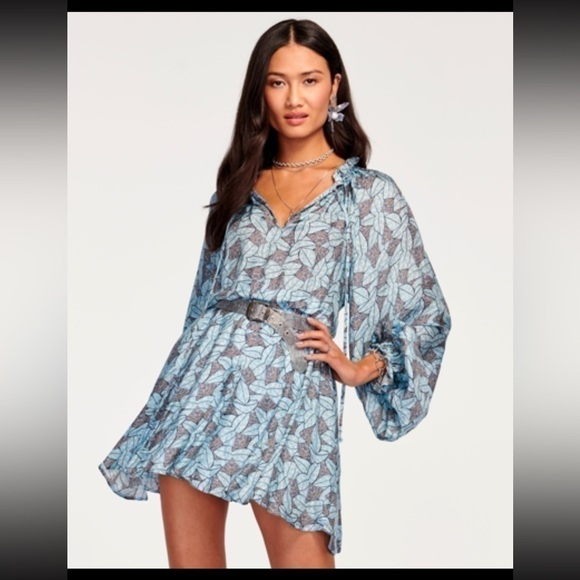 RAMY BROOK Tatum Leaf Floral Print Long Sleeve Pleated Ruffle Mini Dress Medium - Picture 4 of 11